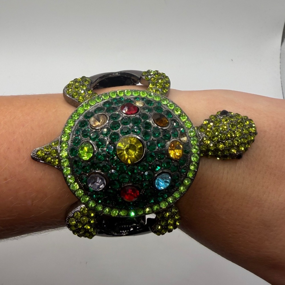 Green Rhinestone Turtle Hinged Cuff Bracelet Gunmetal Statement Jewelry
